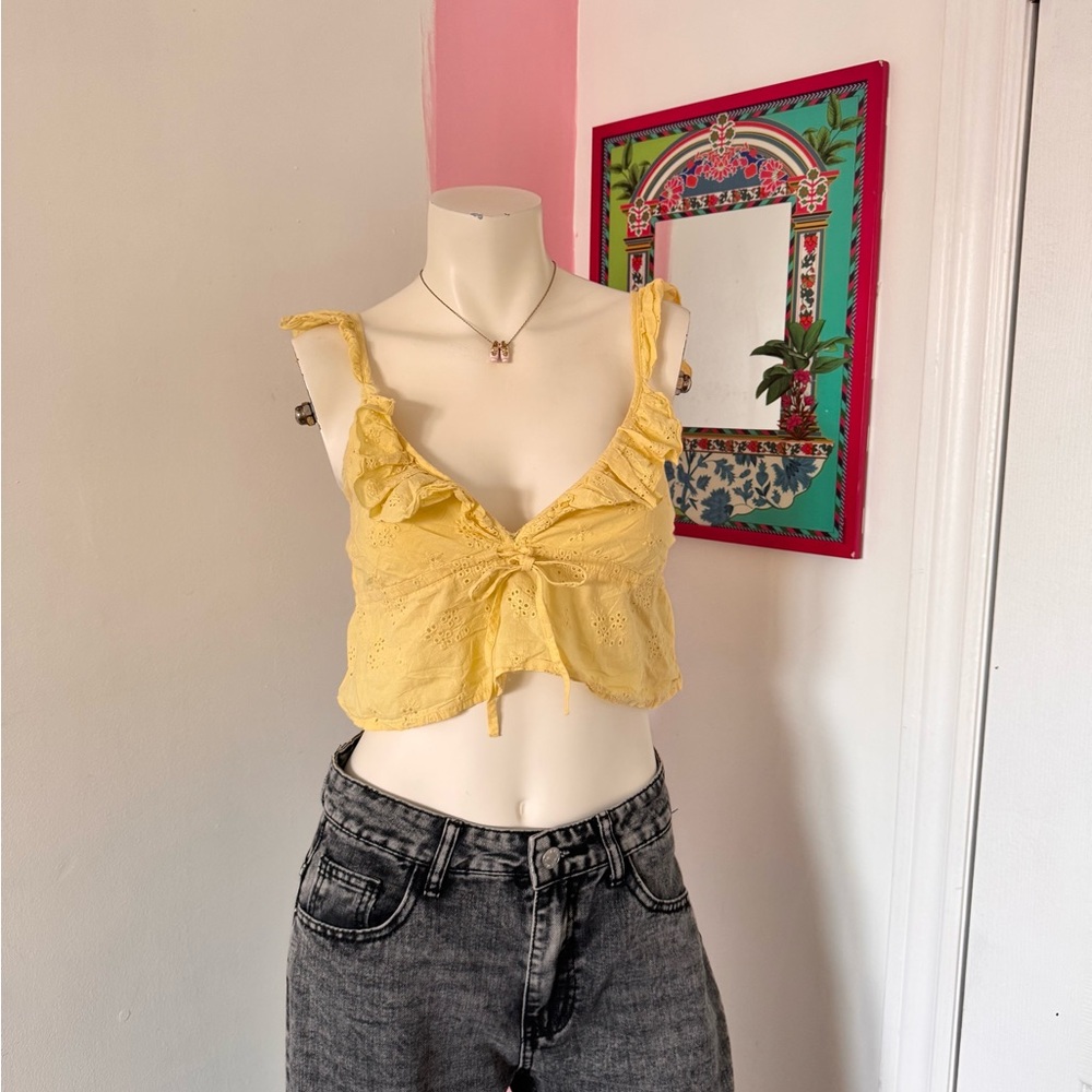 Sky Boutique Yellow Eyelet Ruffle Detail Vneck Crop Top
